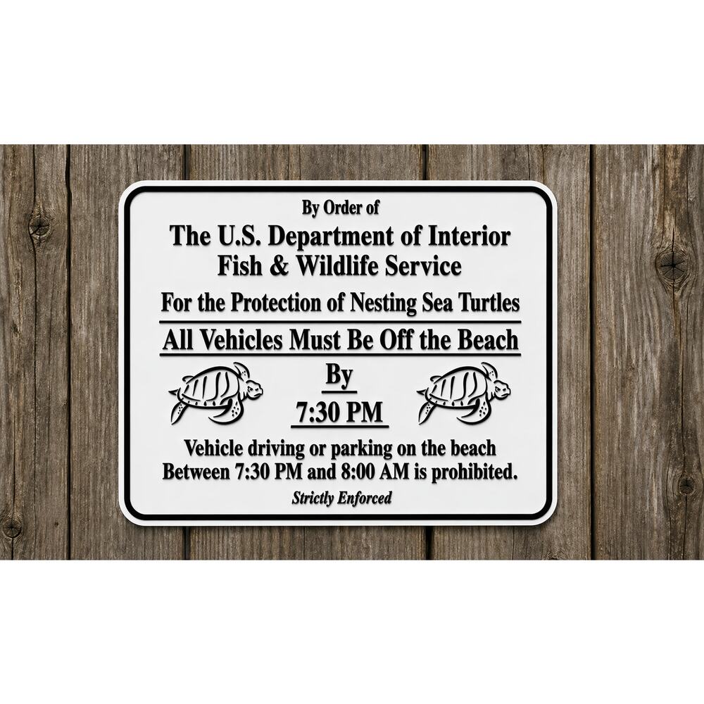 Fish and Wildlife Nesting Sea Turtle Sign Vehicles Off Beach Ocean Dept Interior